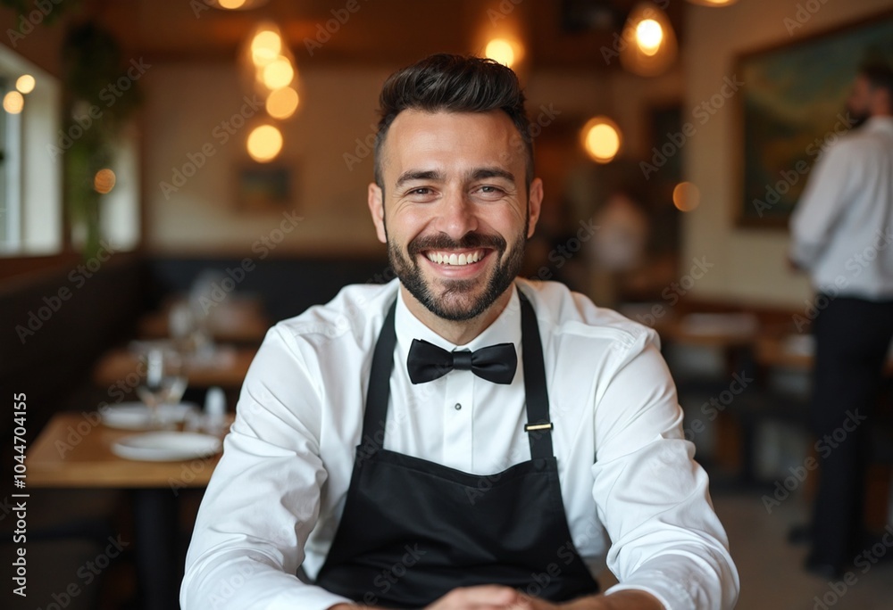 Smiling man wearing a black bow tie and apron, likely a chef or waiter, is seated at a table in a restaurant setting Smiling man wearing a black bow tie and apron, likely a chef or waiter, is seated at a table in a restaurant setting