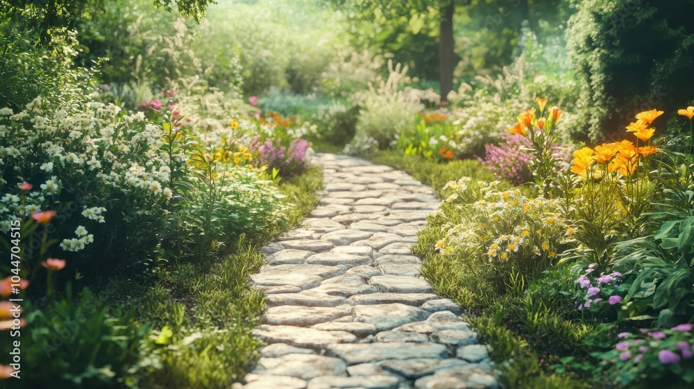 A panoramic banner mockup featuring a lush green garden with blooming flowers and a stone pathway, providing ample blank space for commercial text overlay, for gardening or nature-related promotions A panoramic banner mockup featuring a lush green garden with blooming flowers and a stone pathway, providing ample blank space for commercial text overlay, for gardening or nature-related promotions
