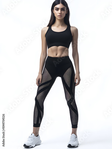 Fitness model in teal sport bra and leggings isolated on white background