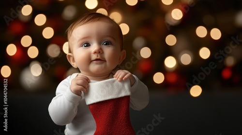 Cute baby in Christmas outfit with festive background lights. photo