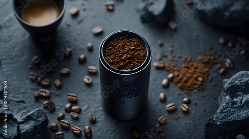 Close-up of freshly ground coffee against a dark, textured background. photo