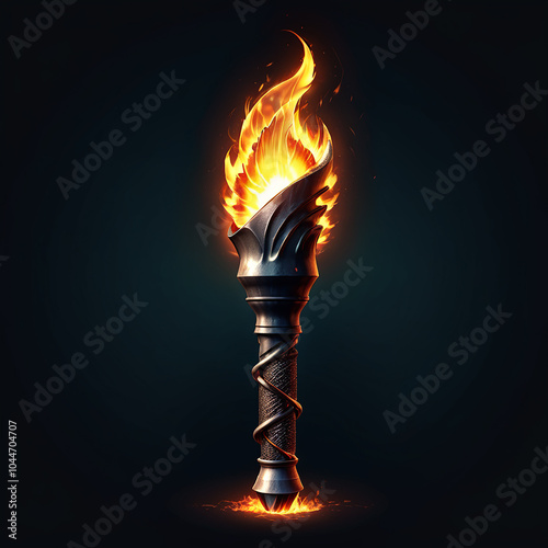 A detailed depiction of a metal torch with a spiral design, ignited by a fiery orange flame. The torch casts a warm glow against a dark background.