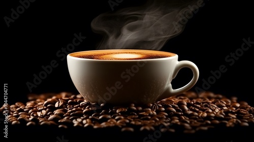 A steaming cup of coffee surrounded by roasted coffee beans.