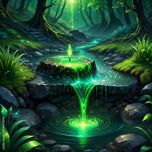 A mystical green waterfall flows from a tree stump in a dense, lush forest. The water is illuminated by a bright green glow, emanating from a crystallike sprout at the top of the waterfall. photo