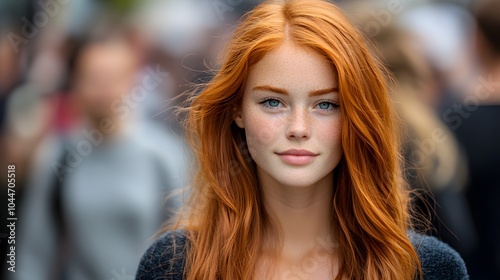 Beautiful young Caucasian woman with striking red hair and freckles in a busy urban setting.