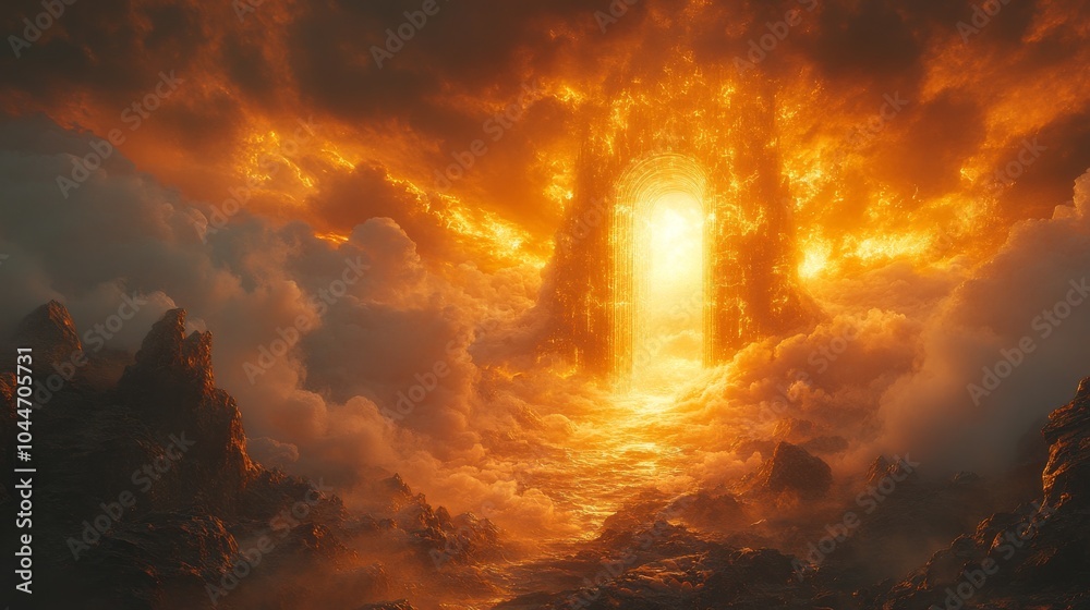 Ethereal gateway illuminated by fiery clouds Ethereal gateway illuminated by fiery clouds
