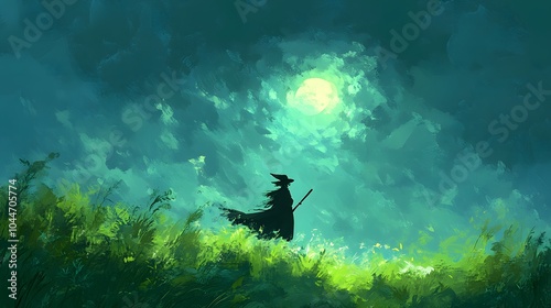 Silhouetted witch in a vibrant moonlit landscape surrounded by lush greenery.