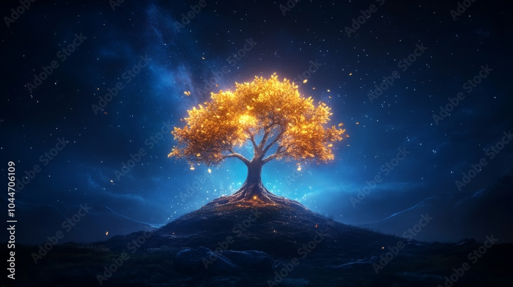 Enchanted glowing tree under a starry night sky Enchanted glowing tree under a starry night sky