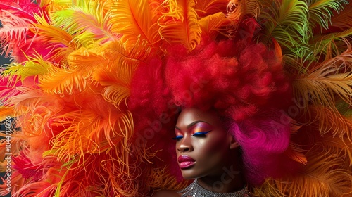 A detailed photograph of a drag queens towering wig, with intricate styling and vibrant colors creating a bold statement photo