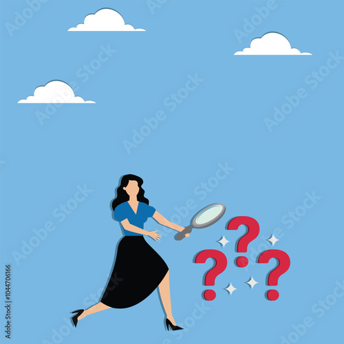 Detect or discover fact, information or analysis, curiosity, research or search in details, exploration or finding solution concept, businesswoman detective looking through magnifying glass searching