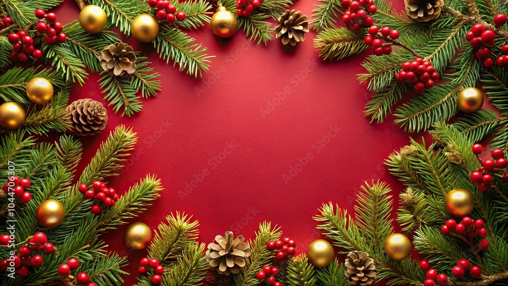Tilted angle Christmas frame with pine berries and golden touches on red background Tilted angle Christmas frame with pine berries and golden touches on red background