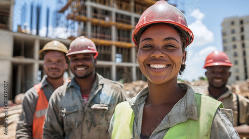 A smiling team of workers at a construction site on a sunny day