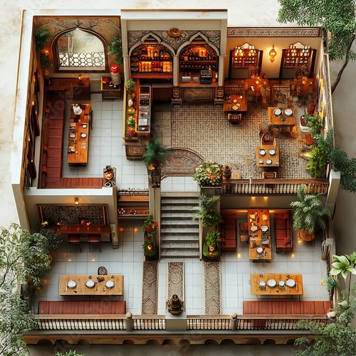 3d topdown view of ethnic restaurant with separate dining zones for different cuisines a central kitchen and ornate entrance illustrated on a clean white background highlighting the layout