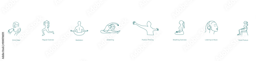 Drink Water, Regular Exercise, Meditation, Stretching, Positive Thinking, Breathing Exercise, Listen to Music, Maintain a Good Posture Vector Icon Set