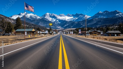 A picturesque small-town road, lined with campaign signs, with residents heading to vote, celebrating the beauty of democracy in everyday life photo