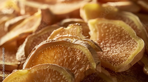 A closeup of dried ginger slices