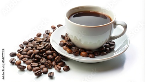 tilted angle cup of kona coffee with bean on white background