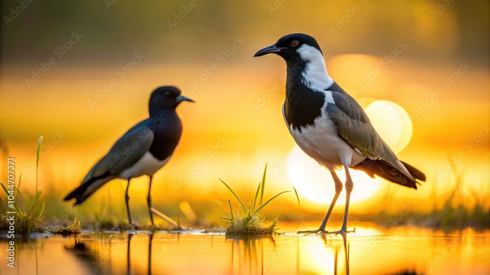 Obraz premium Silhouette of hooded crow and spur-winged lapwing flying in opposite directions