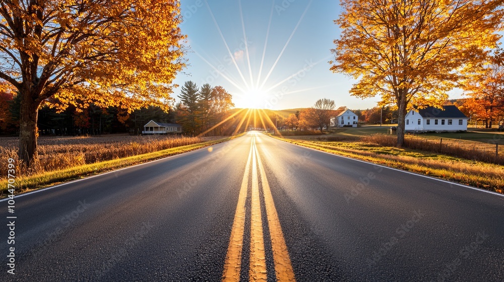 A quiet country road, the town hall visible in the distance, where voters patiently wait. The charming rural landscape adds a sense of beauty to civic duty