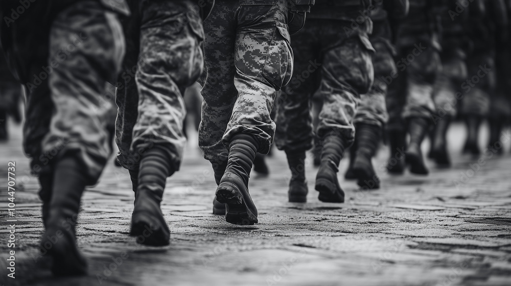 Soldiers in camouflage uniforms march in formation on the street Soldiers in camouflage uniforms march in formation on the street