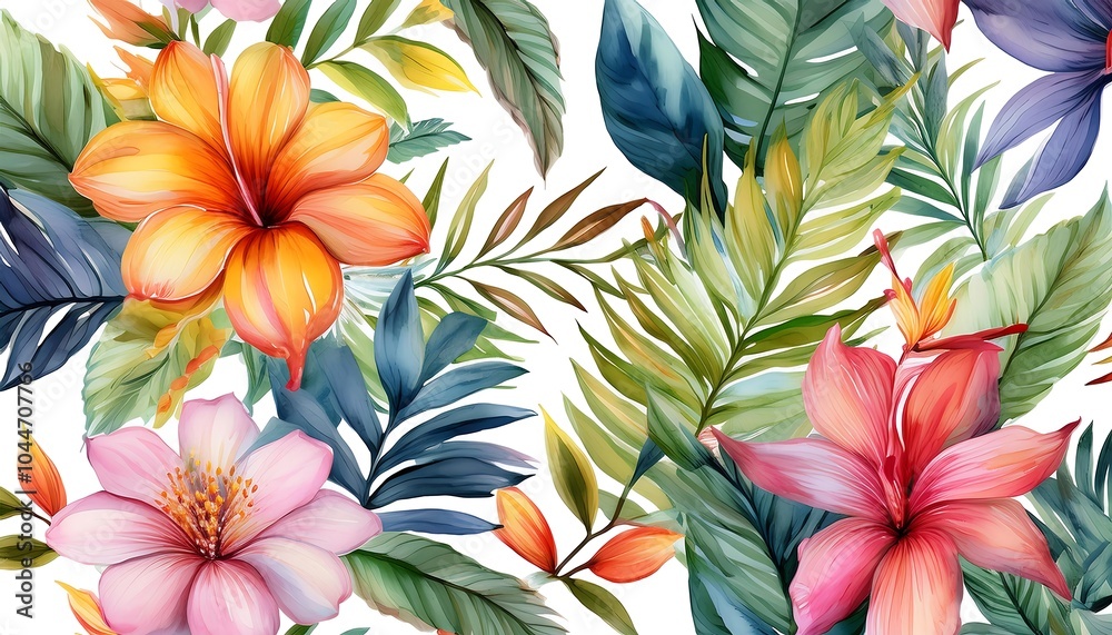A vibrant pattern featuring various flowers and leaves, perfect for spring and summer decoration