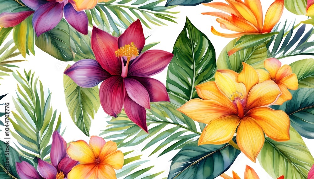 A vibrant pattern featuring various flowers and leaves, perfect for spring and summer decoration A vibrant pattern featuring various flowers and leaves, perfect for spring and summer decoration