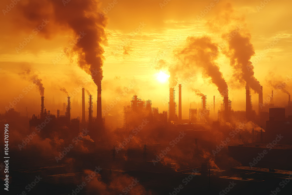 Obraz premium Pollution from Industrial Chimneys During Sunrise Over Urban Cityscape and Skyline