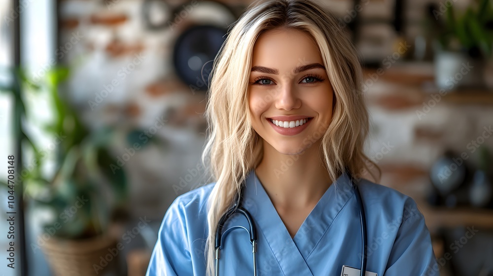 Smiling Caucasian female doctor in scrubs with a stethoscope in a bright, modern setting. Smiling Caucasian female doctor in scrubs with a stethoscope in a bright, modern setting.