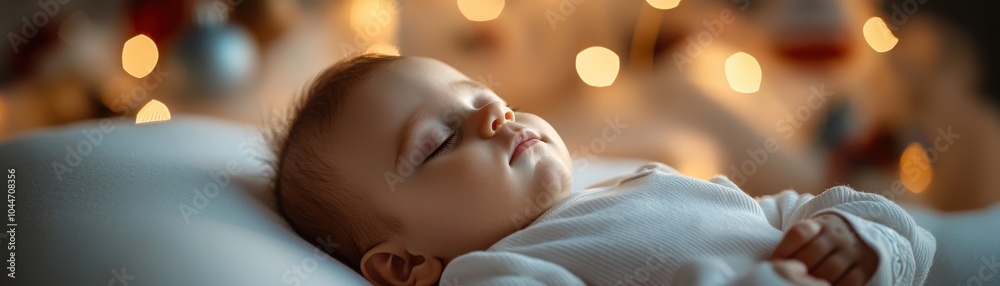 Naklejka premium Sleeping baby on white bedding, soft light creating a serene atmosphere.