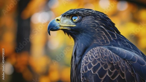 A close-up of a majestic eagle with intense eyes and a sharp, curved beak against a blurred autumnal background. The detailed feathers create a striking contrast, highlighting the bird's regal presenc photo