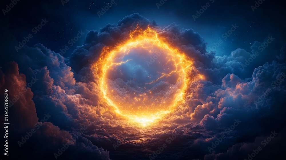 Obraz premium Dramatic fiery ring emerging from stormy clouds at twilight
