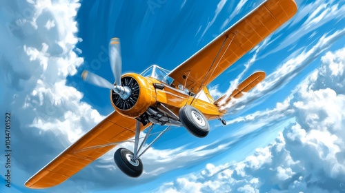 Single engine ultralight prop plane flying in the blue sky with white clouds