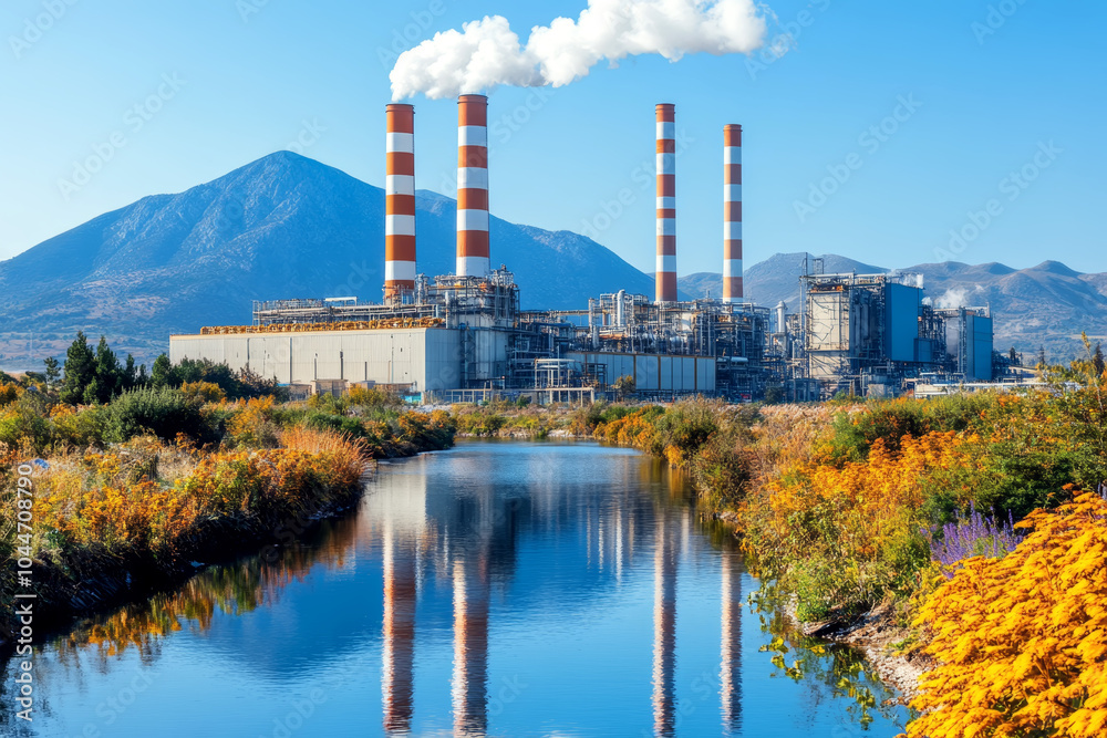 Obraz premium Aerial View of Large Industrial Facility Emitting Smoke Near Wetlands
