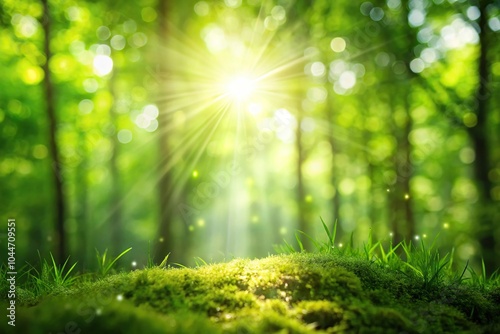 Tilted angle green bokeh background of forest and sun