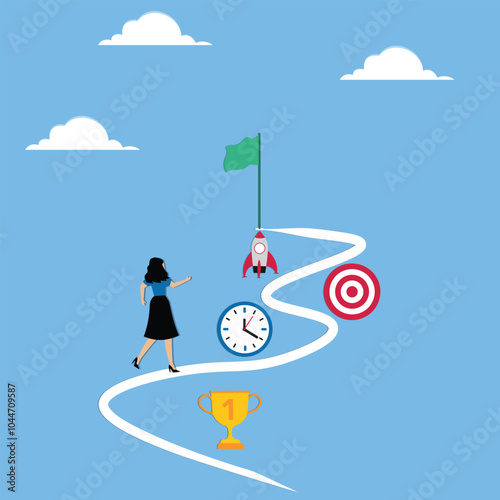 Winning plan to success, strategy step to reach success, career journey, project management or idea development, challenge, flowchart to succeed concept, businesswoman walk on winning plan journey