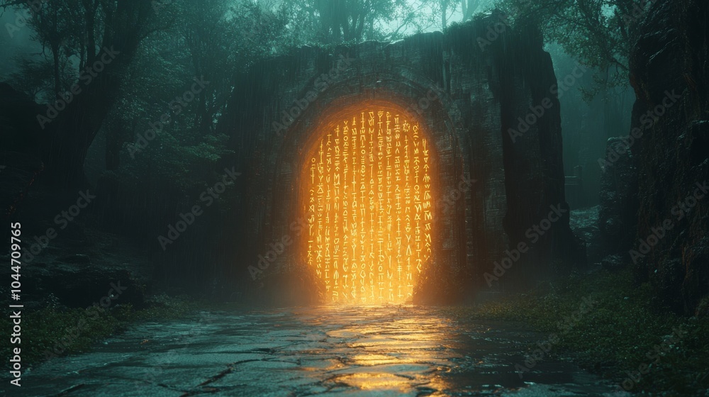 Mystical glowing gate in an enchanted forest Mystical glowing gate in an enchanted forest