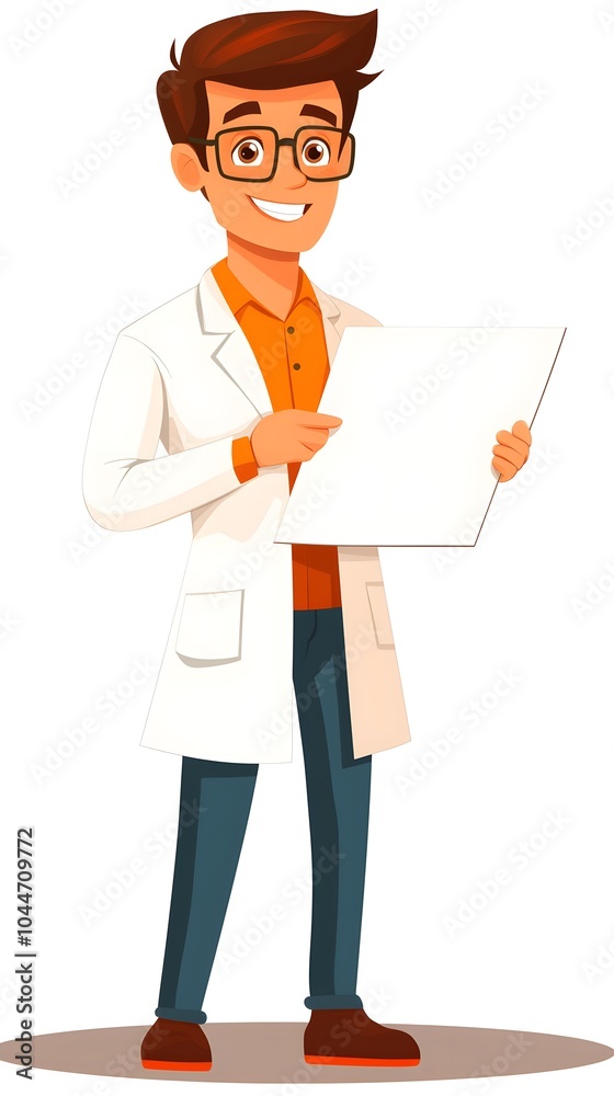 Cheerful young male scientist holding a blank sheet, wearing a lab coat. Cheerful young male scientist holding a blank sheet, wearing a lab coat.