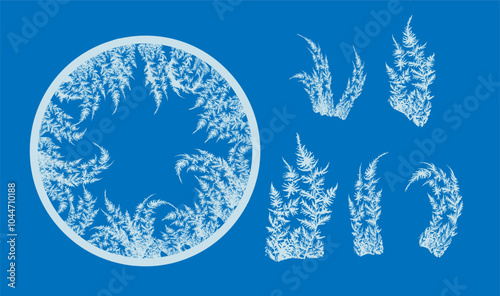 Winter circle frame with frosted patterns . White ice crystals elements texture freeze winter window. Vector empty celebration border