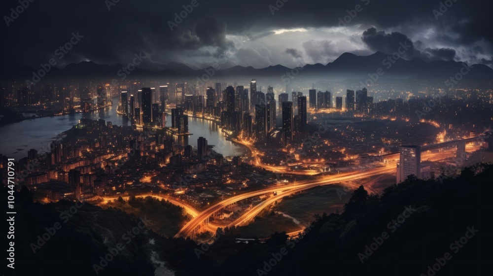 Night Cityscape with River and Mountains Night Cityscape with River and Mountains