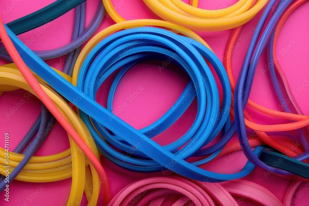 Colorful rubber bands tangled on a vibrant pink background Colorful rubber bands tangled on a vibrant pink background