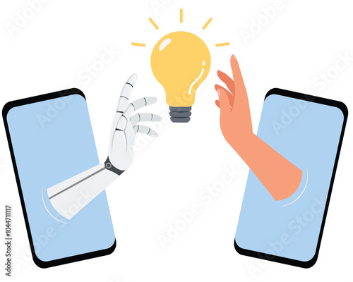 Two human and AI with light bulb idea concept. Business industry robot factory concept. Technology on smartphone.