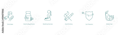 Drink Water, Multivitamin, Breathing Exercises, Meditation, Avoid Smoking, Sun Protection, Eat Fruits Vector Icon Set