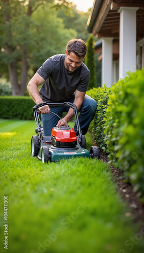 Gardener mowing lawn with gas lawnmower in backyard