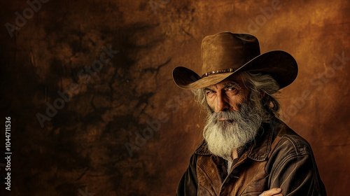 Old rough western cowboy with short gray beard and brown hat on old dark brown background