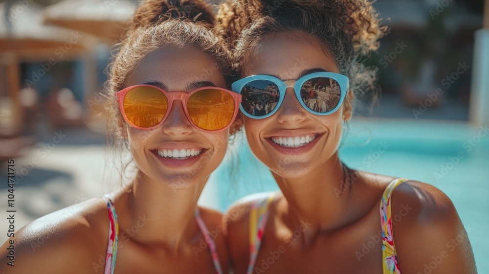 Two women wearing sunglasses and smiling at the camera Two women wearing sunglasses and smiling at the camera