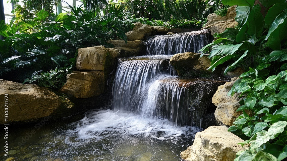 Naklejka premium A tranquil waterfall flowing over mossy rocks, with lush green plants all around, creating a peaceful natural landscape