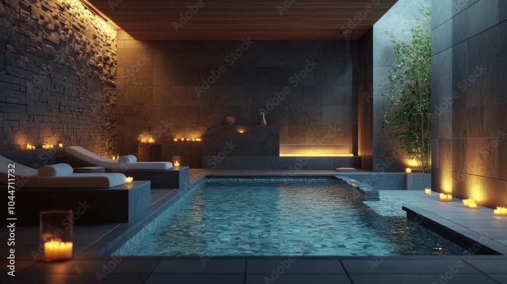 Fototapeta premium Cozy spa facility with heated pool and scented candles, ready for content on the left.