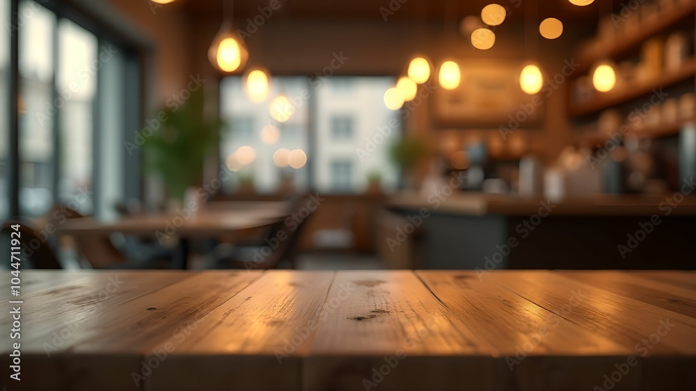 Empty wooden table in focus with a blurred coffee shop setting in the background. Empty wooden table in focus with a blurred coffee shop setting in the background.