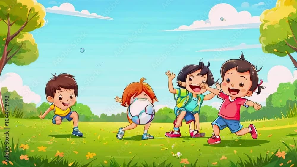 Cartoon Children playing ball on the grass field