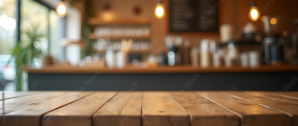 Empty wooden table in focus with a blurred coffee shop setting in the background. Empty wooden table in focus with a blurred coffee shop setting in the background.